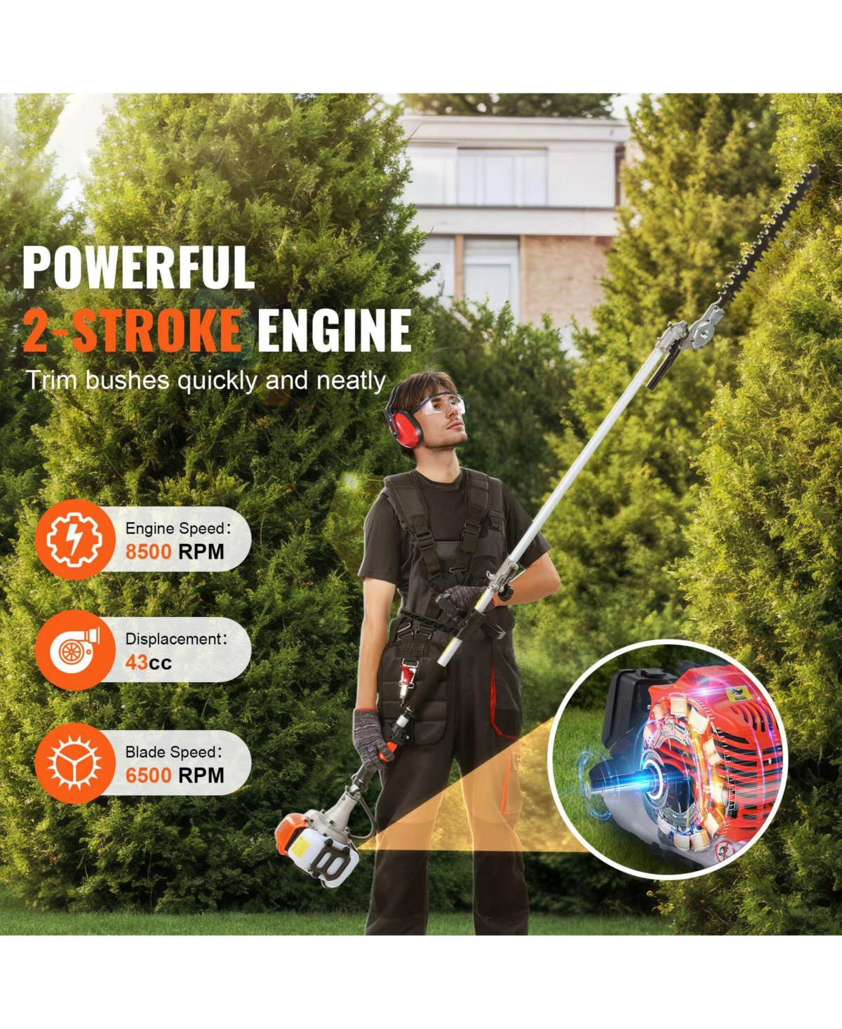Mecale 43CC 6-in-1 Gas Trimming Tool Set, Hedge Trimmer, String Trimmer, Brush Cutter, Edger, Pole Saw, Chainsaw Pruner, Extension Pole