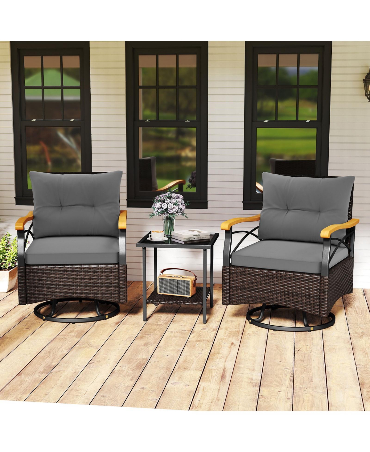 Slickblue 3-Piece Outdoor Swivel Chair Set with Glass Side Table