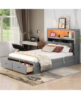 Wood Queen Size Hydraulic Platform Bed with Storage LED Headboard, Charging Station and 2 Drawers