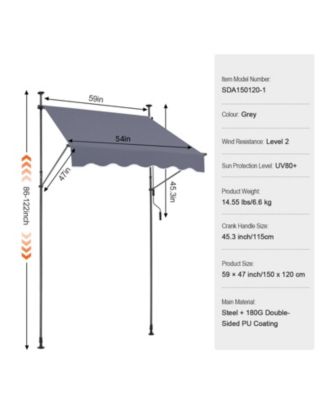 59 x 47" Retractable Patio Awning, Manual Crank Sunshade Canopy, Adjustable Height 86-122 in, for Patio Balcony Yard, Dark Gray