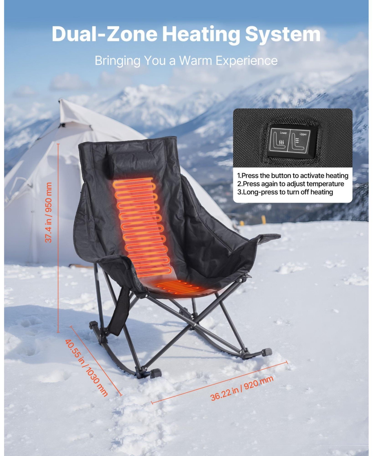 Mecale Heated Camping Chair, 3 Heating Settings, Padded Folding Rocker with Pocket and Cupholder, Supports 225 lbs, Portable Outdoor Chair