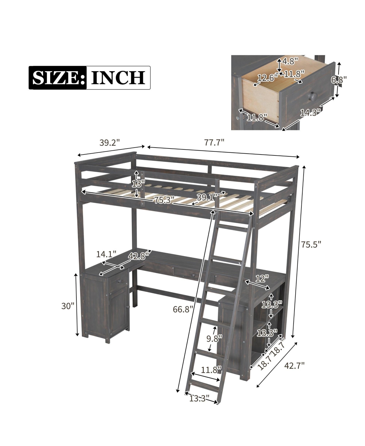 Boyel LivingTwin Size Loft Bed with U-shaped Desk, Drawers and Storage Shelves