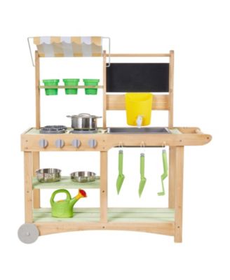 Kids Outdoor Mud Kitchen, Wooden Play Kitchen with Sink, Sunshade Canopy & Swivel Wheels, Spoons, Cookware Pots & Accessories