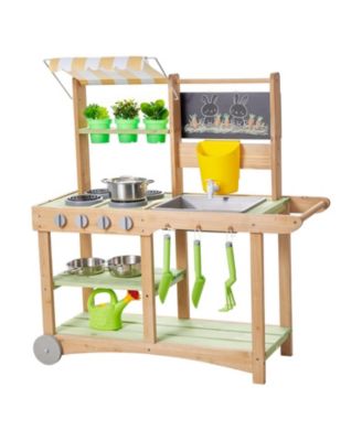 Kids Outdoor Mud Kitchen, Wooden Play Kitchen with Sink, Sunshade Canopy & Swivel Wheels, Spoons, Cookware Pots & Accessories