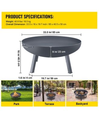 34-Inch Round Carbon Steel Fire Pit Bowl, Wood Burning Fire Bowl with Drain Hole, Portable Handles and Firewood Stick, Black