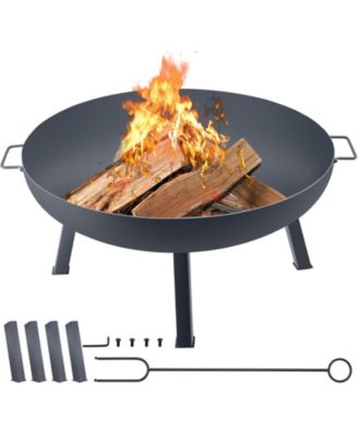 34-Inch Round Carbon Steel Fire Pit Bowl, Wood Burning Fire Bowl with Drain Hole, Portable Handles and Firewood Stick, Black