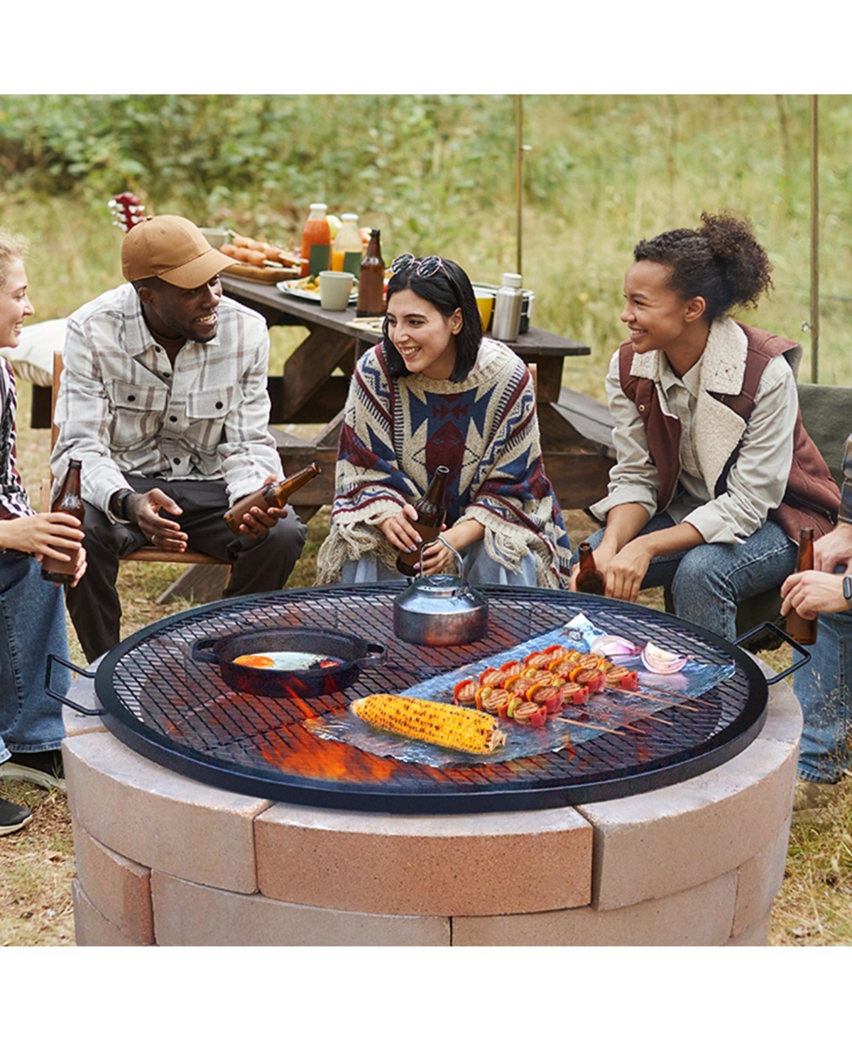 Ecooso 36" Round X-Marks Fire Pit Grill Grate, Heavy Duty Steel Cooking Grate with Handle and Support X Wire, Black