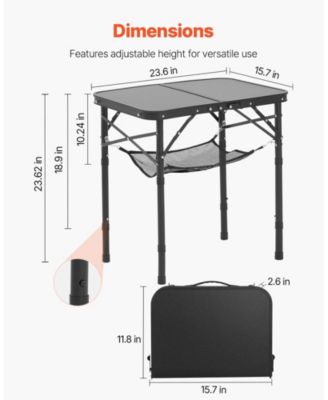 Folding Camping Table, Adjustable Height Aluminum & MDF with Mesh Shelf, Carry Handle, 24x16", Black