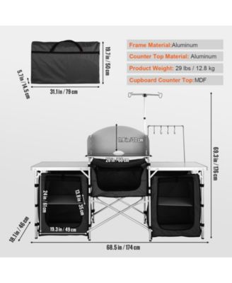 Camping Kitchen Table, Folding Outdoor Cook Station with 3 Cupboards & Windscreen, Carry Bag, Black