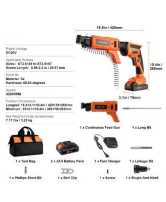 20V Max Auto-Feed Drywall Screw Gun, 4200RPM Brushless Collated Screwgun Kit with 2 Batteries, Charger, Tool Bag & Belt Clip