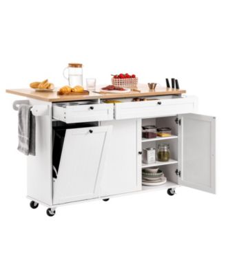 60" Kitchen Island Cart with Wood Top, Drop Leaf, Drawers & Storage Racks.