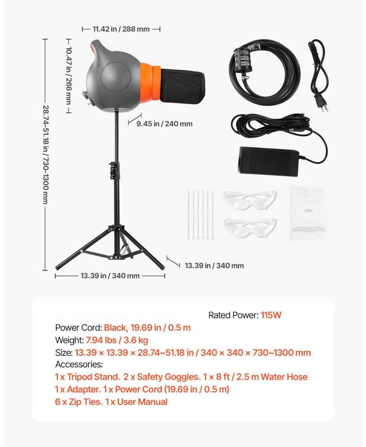 Mecale 115W Party Foam Machine, Portable Foam Cannon with Tripod Stand, Powerful Foam Maker for Backyard, Pool & Outdoor Events, Grey/Orange