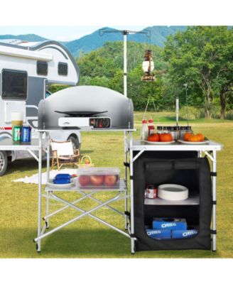 Camping Kitchen Table, Folding Aluminum Cook Station with Cupboard, Detachable Windscreen, Carrying Bag, Quick Setup, Black