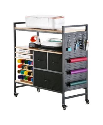 Rolling Craft Cart & Storage Table for Cricut Machines, 20 Vinyl Roll Holders, 3 Drawers, Craft Organizer Workstation, Black