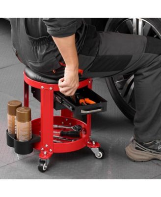 Rolling Mechanic Stool with Wheels, 300 lb Capacity, Padded Fixed-Height Creeper Seat with Tool Tray & 2 Drawers, Red/Black