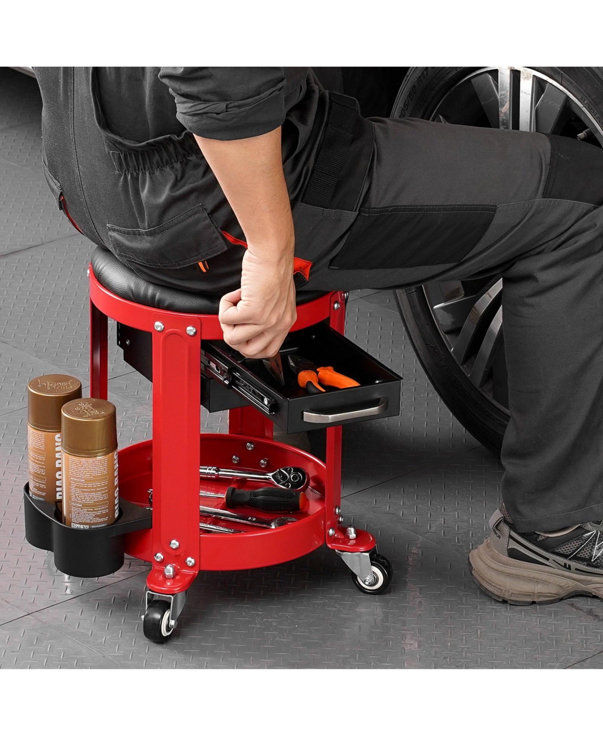 Mecale Rolling Mechanic Stool with Wheels, 300 lb Capacity, Padded Fixed-Height Creeper Seat with Tool Tray & 2 Drawers, Red/Black