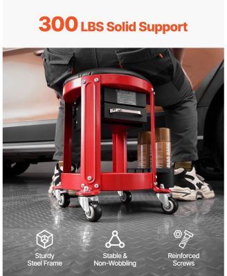 Rolling Mechanic Stool with Wheels, 300 lb Capacity, Padded Fixed-Height Creeper Seat with Tool Tray & 2 Drawers, Red/Black
