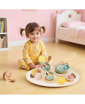 15-Piece Wooden Tea Set for Kids, Pretend Play Toy with Teapot, Cups & Treats