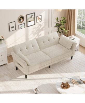 89" Chenille Futon Sofa Bed, Modern Convertible Sleeper Couch with Adjustable Backrest & Armrests, 3-Seat Sofa with 2 Pillows for Apartment