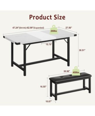 3-Piece Extendable Dining Table Set for 4-6, Marble White Table with 2 Upholstered Benches, Space-Saving Kitchen & Dining Room Set