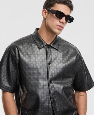 Men's Relaxed-Fit Checkerboard Pleather Short-Sleeve Shirt