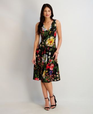 Women's Printed V-Neck Midi Dress