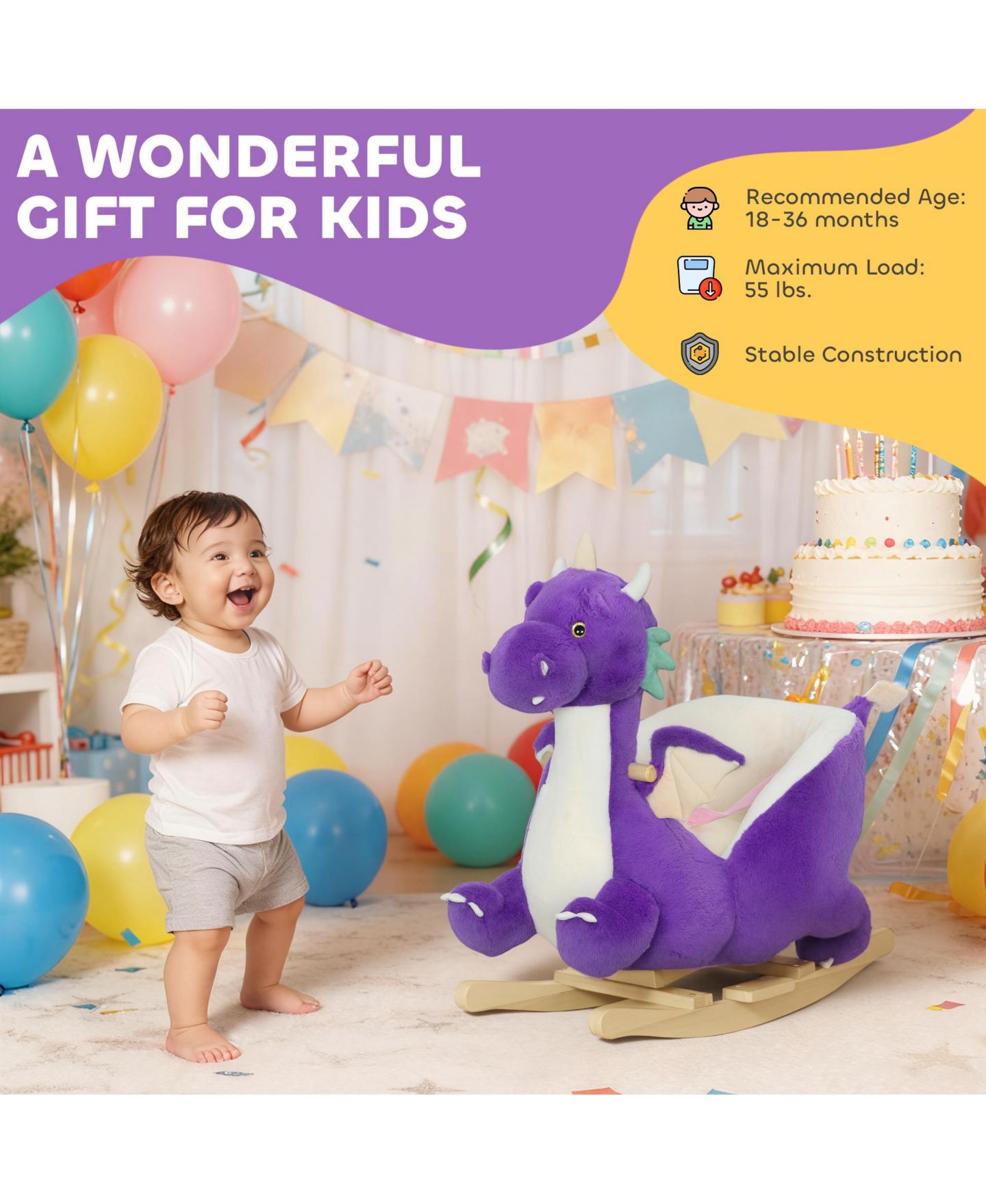 Детская игрушка Qaba Ride Dragon Rocking Horse with Realistic Dragon Roar, Ages 1+, цвет: Фиолетовый — фото 7