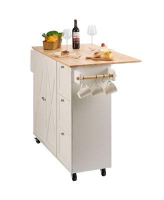 Kitchen Island Cart with Solid Wood Top, 45.3" Wide, Storage Cabinet, Drop Leaf, Drawer, Spice Rack, Towel Rack, Rolling, White