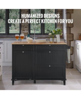 50" Kitchen Island Cart with Wood Top, Tilt-Out Trash Cabinet for 10-Gallon Storage, Drop Leaf, Drawer, Towel Bar, Black