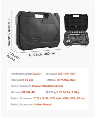 86-Piece Socket & Ratchet Set, 1/4" 3/8" 1/2" Drive SAE & Metric, Ratchet, Accessories, Storage Case, CR-V Steel