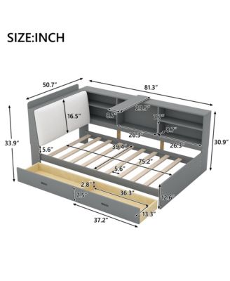 Wood Twin Size platform bed with Storage Headboard, Shelves and 2 Drawers