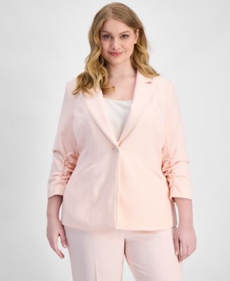 Plus Size Faux-Pearl-Trim Ruched-Sleeve Blazer