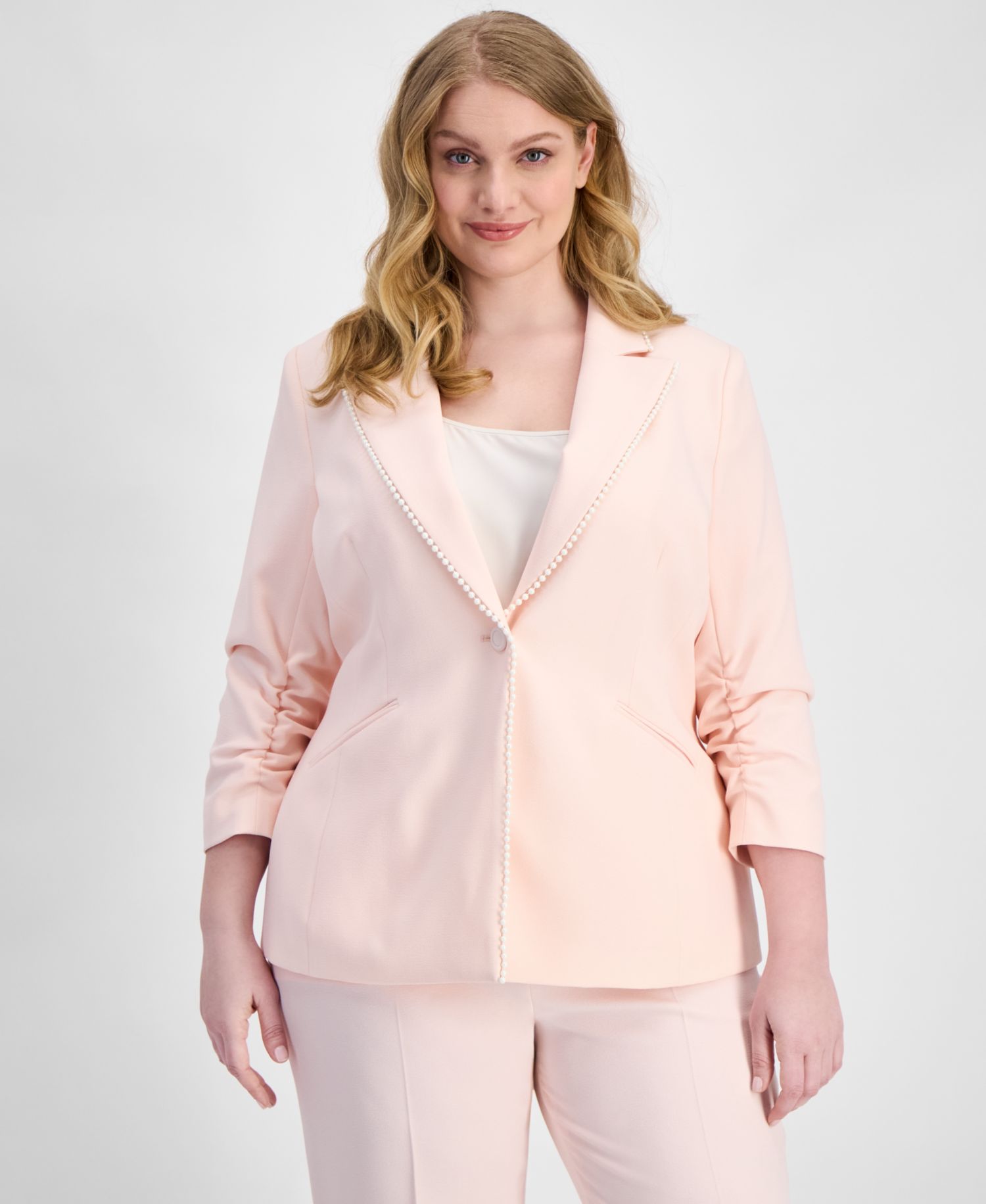 ASL Plus Size Faux-Pearl-Trim Ruched-Sleeve Blazer