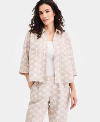 Women's 100% Linen Print Roll-Tab Camp Shirt
