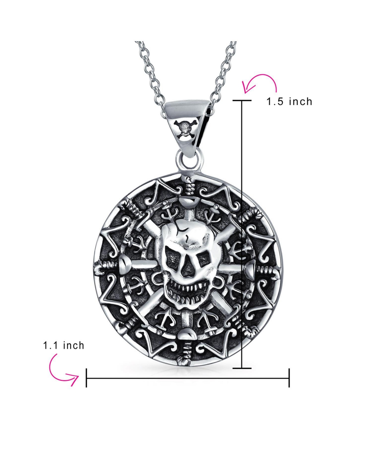 Bling Jewelry Coin Medallion Pirates Skull Pendant Necklace Oxidized Sterling Silver