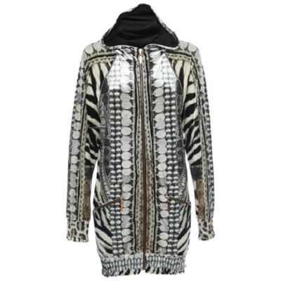 Women's Black/white Printed Velvet Zip Front Hooded Jacket