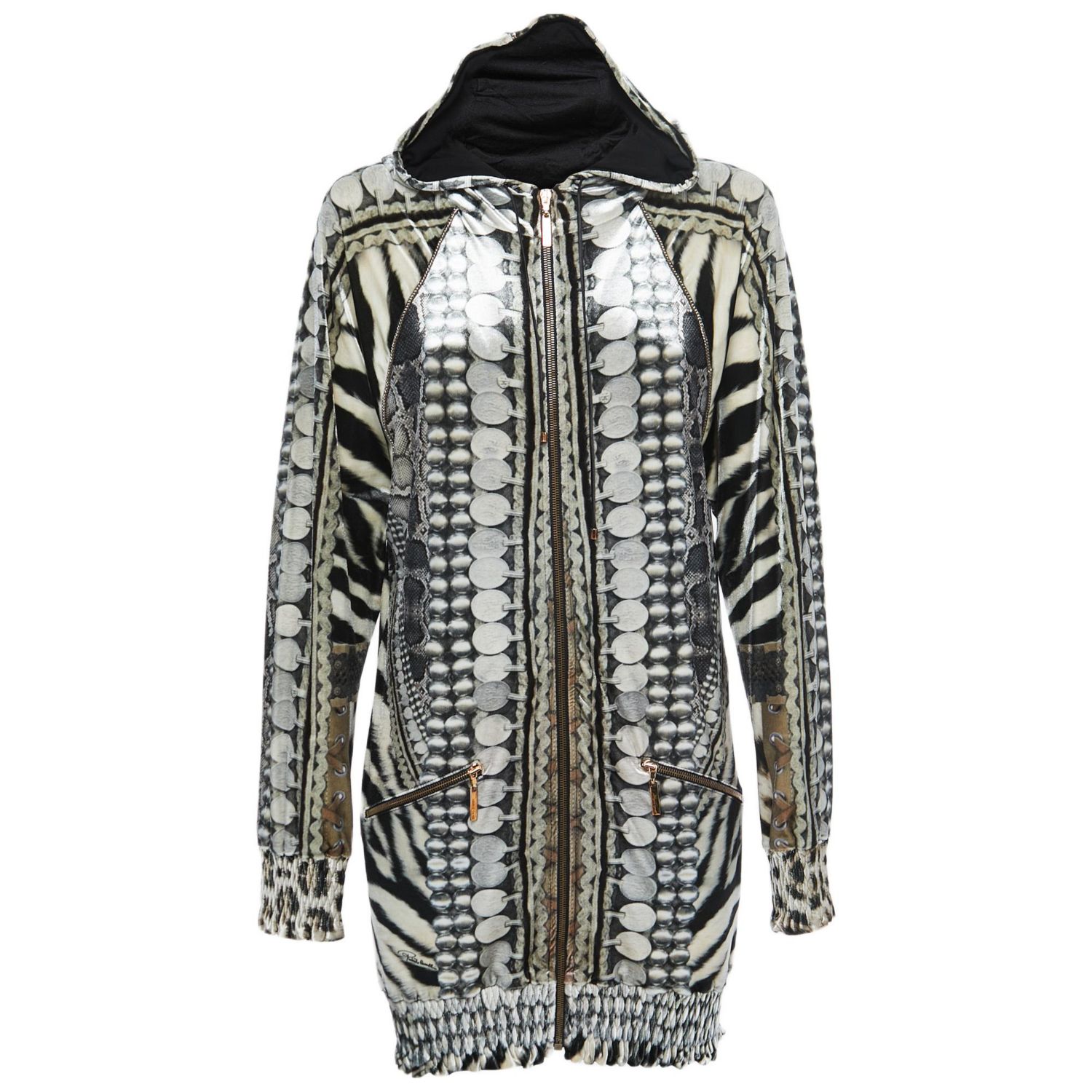 Women's Black/white Printed Velvet Zip Front Hooded Jacket