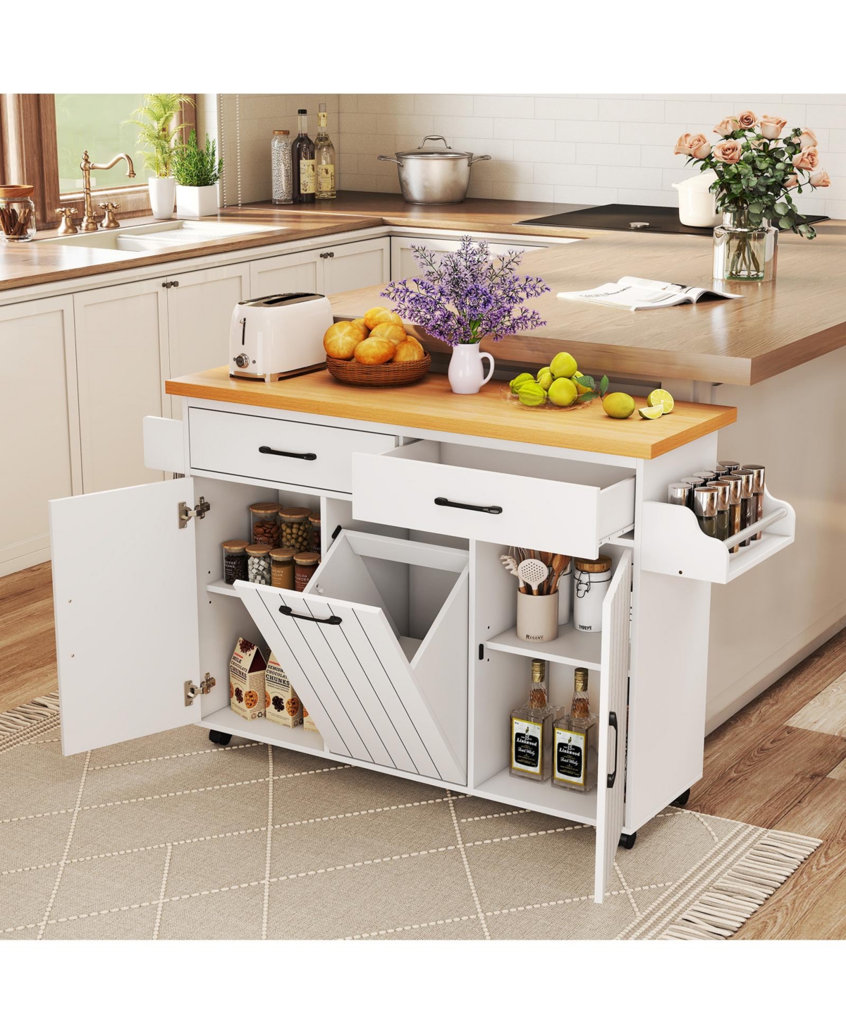 Rolling Kitchen Island Kitchen Cart with Tilt-out Trash Cabinet Island Table