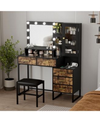 Makeup Vanity with Upholstered Stool & Charging Station, Vanity Desk with Mirror and Lights