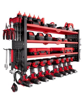 Wall-Mount Power Tool Organizer, 4-Tier Storage Rack with 8 Drill Holders, Side Pegboards, Garage Tool Storage Rack