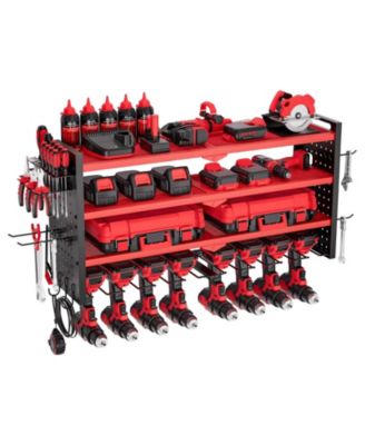 Wall-Mount Power Tool Organizer, 4-Tier Storage Rack with 8 Drill Holders, Side Pegboards, Garage Tool Storage Rack
