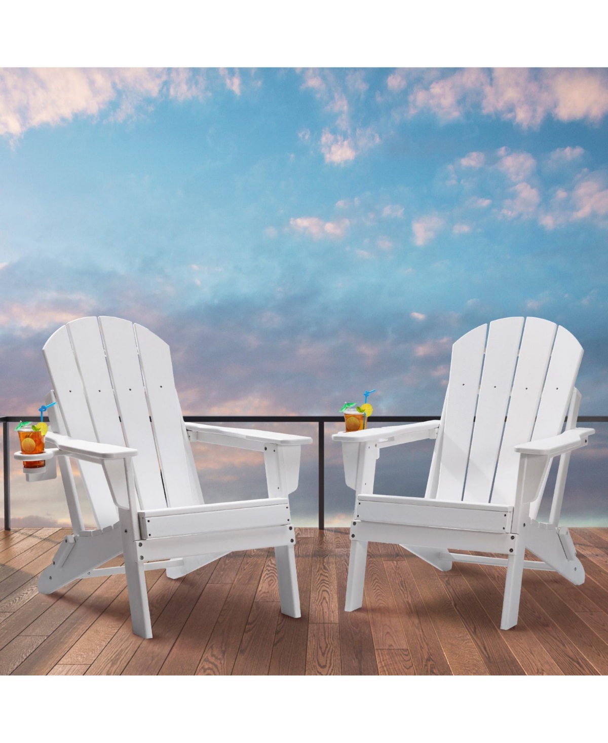 Mecale Set of 2 Plastic Adirondack Chairs, All-Weather Folding Patio Chairs with Cup Holder, Ergonomic Armrests