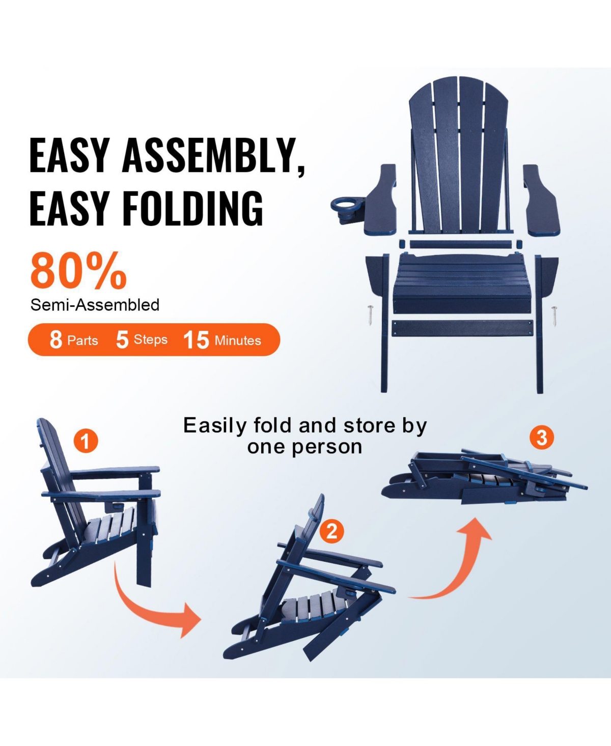 Mecale Set of 2 Plastic Adirondack Chairs, All-Weather Folding Patio Chairs with Cup Holder, Ergonomic Armrests