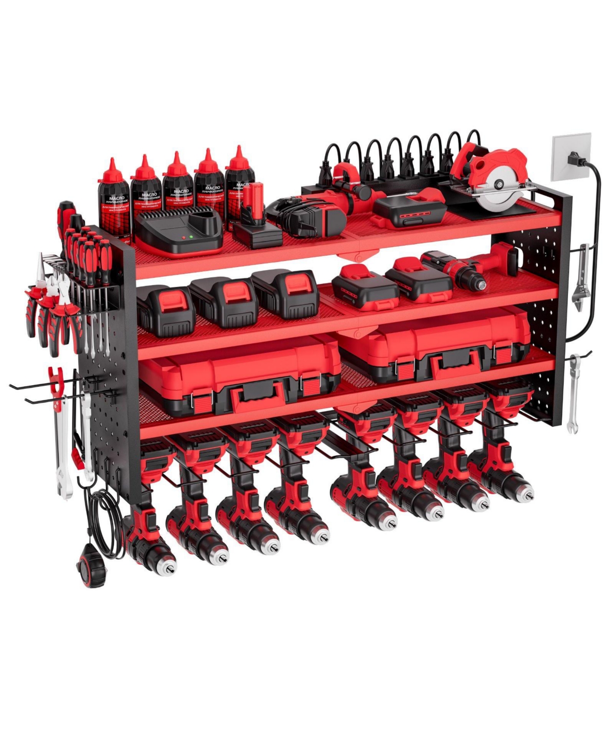 Mecale Power Tool Organizer with Charging Station, 4-Tier Wall Rack with 8 Drill Holders, Side Pegboard, Built-In 8-Outlet Power Strip