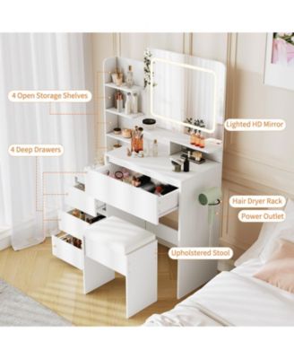Vanity Set with Mirror and Adjustable Lights, Makeup Vanity Table with Built-in Charging Station, Vanity Desk with 4 Drawers,