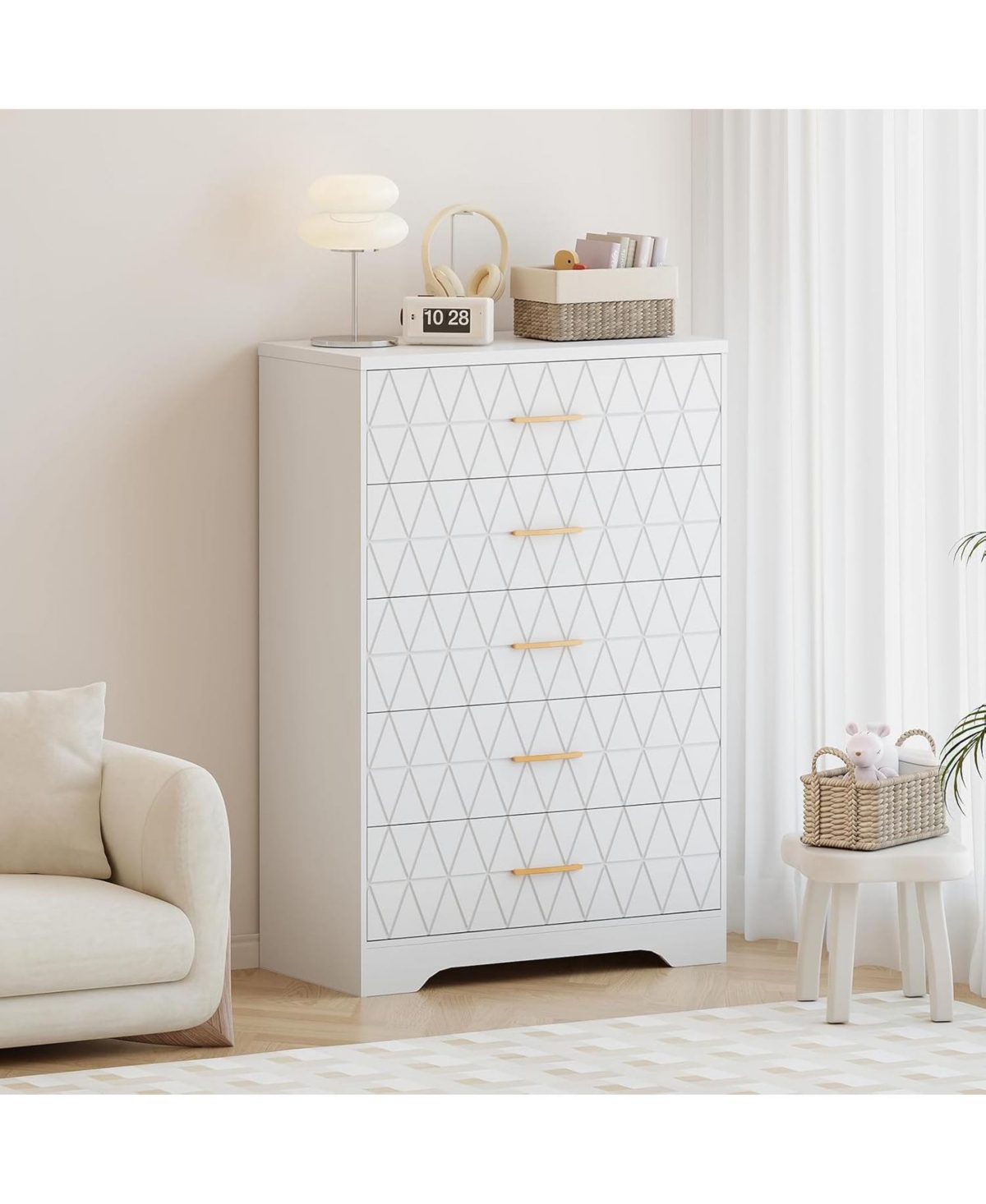 gaomon 5 Drawer Tall Wood Dresser for Bedroom, Wooden Chest of Drawers with Gold Handles Closet
