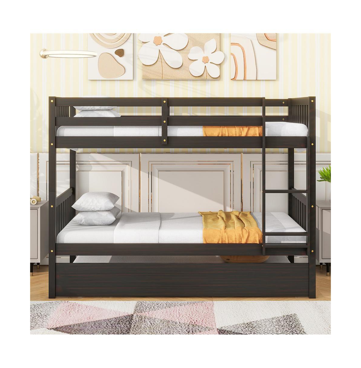 Cesicia Twin over Bunk Bed with Trundle, Convertible to 2 Separate Beds Rubber Wood Ladder & Guardrails