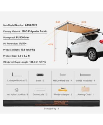 Car Side Awning, 6.6' x 8.2' Shade Coverage Vehicle Awning, PU3000mm UV50+ Retractable Awning with Storage Bag, Height Adjustable