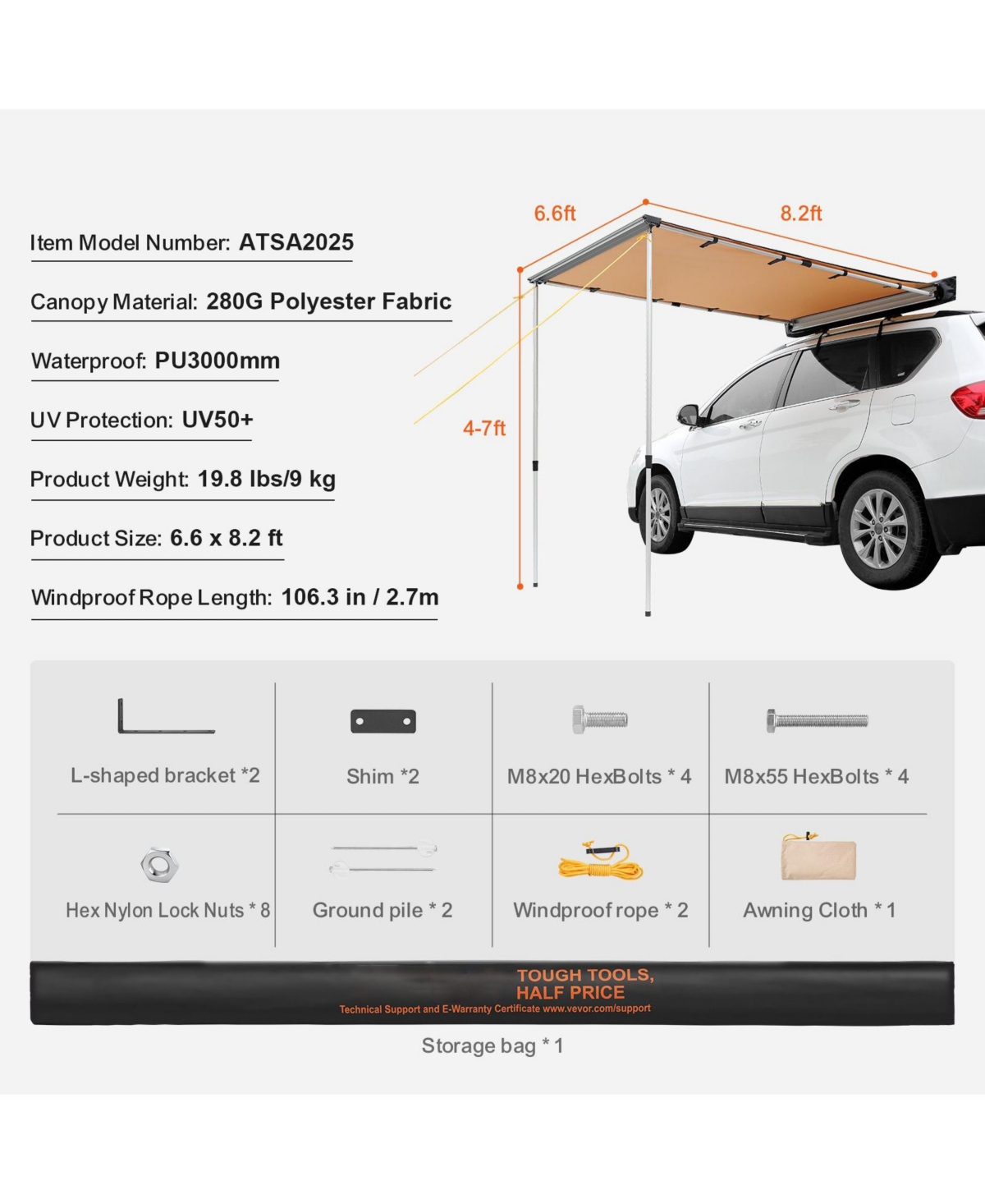 Mecale Car Side Awning, 6.6' x 8.2' Shade Coverage Vehicle Awning, PU3000mm UV50+ Retractable Awning with Storage Bag, Height Adjustable