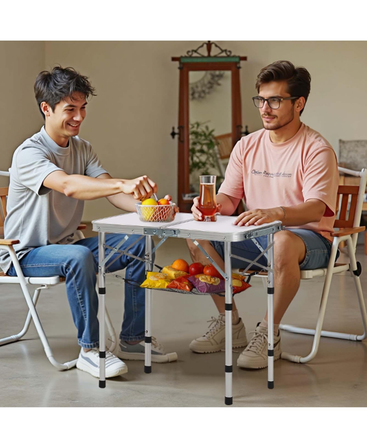 Mecale Folding Camping Table, Adjustable Height Aluminum & Mdf with Mesh Shelf, Carry Handle, 24x16", Silver